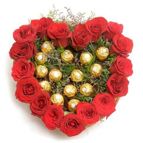 Heart Shaped Arrangement of 17 Red Roses with 16 Ferrero Rocher Chocolates - Flower Delivery in GiftsGhaziabad
