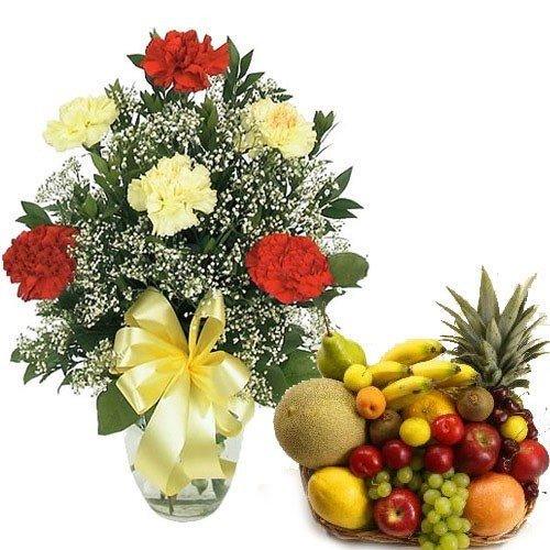 Mixed Carnations in Glass Vase with 3kg Fresh Fruit Basket - Flower Delivery in GiftsGhaziabad