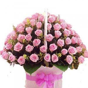 50 Pink Roses Basket with Gypsophila Arrangement - Flower Delivery in GiftsGhaziabad