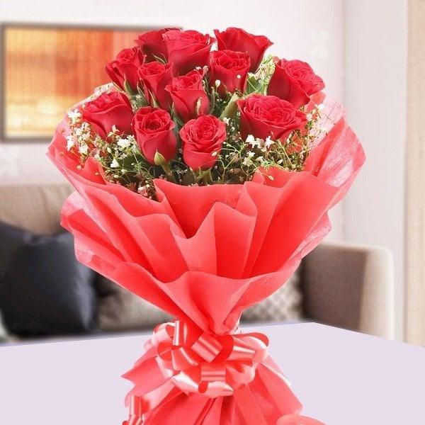 12 Red Roses Bouquet with Red Ribbon - Flower Delivery in Kalyani