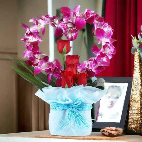 5 Red Roses & 4 Purple Orchids Heart Arrangement - Orchids Gift for Men