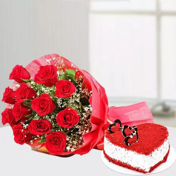 Red Velvet Heart Cake & 12 Red Roses Combo - Cake Delivery in GiftsGhaziabad