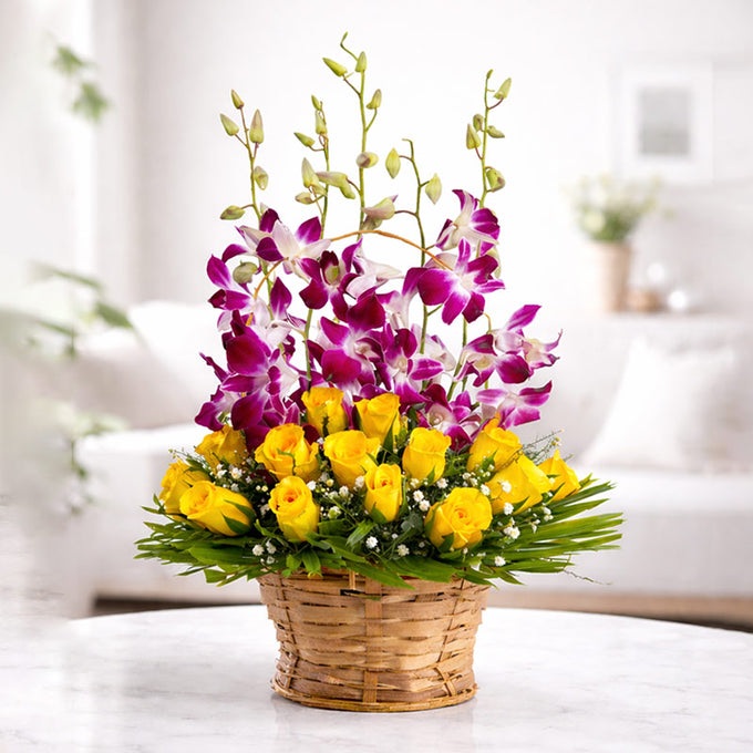 Yellow Roses and Purple Orchids Round Flower Basket - Flower Delivery in Kalyani