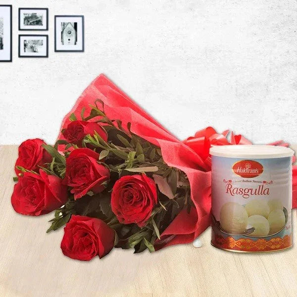Red Roses Bouquet with 1Kg Rasgulla Tin - Flower Delivery in GiftsGhaziabad