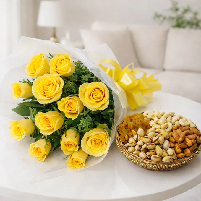 12 Yellow Roses Bouquet with 250g Assorted Dry Fruits