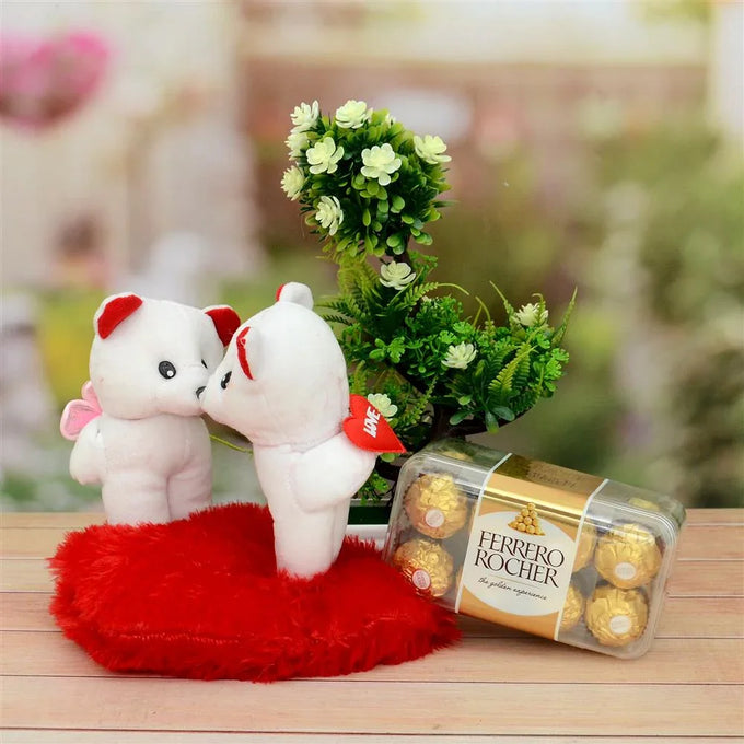 Kissing Teddy Pair with 16 Ferrero Rocher Chocolates