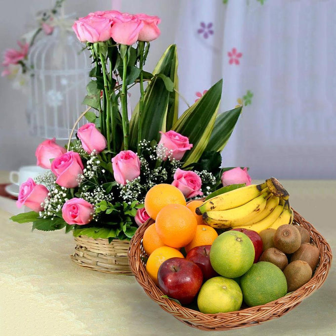 Pink Roses & 3 Kg Mixed Fruit Basket - Flower Delivery in GiftsGhaziabad
