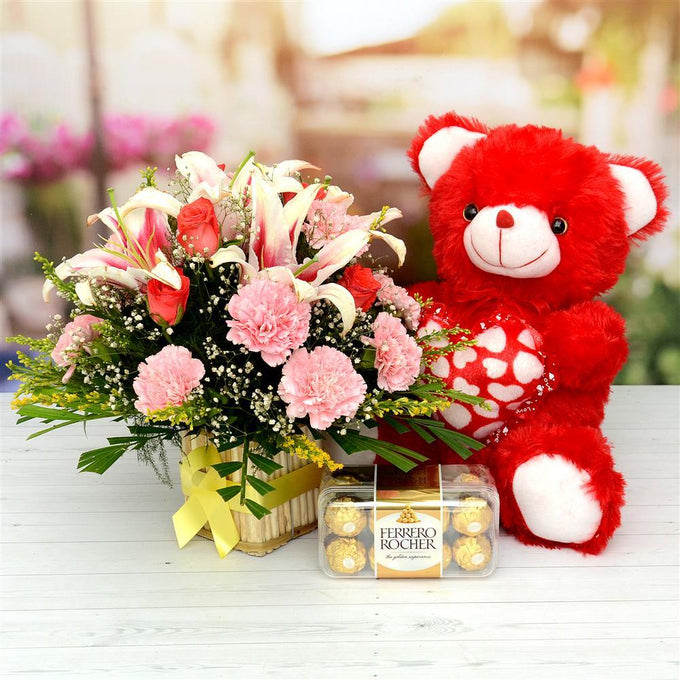 Flower Basket with Teddy & Ferrero Chocolates