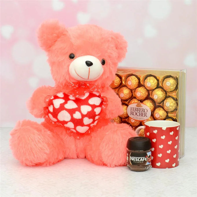 Peach Teddy with 24 Ferrero Rocher & Mug
