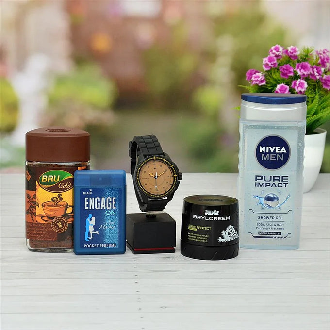 Men's Watch, Coffee & Grooming Hamper | OyeGifts - Perfumes Gift for Men
