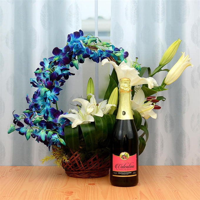 Blue Orchid Flower Basket with Fruit Juice - OyeGifts - Orchids Gift for Men