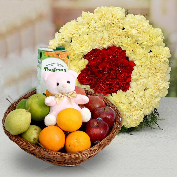 Fruit Basket with Carnations and 6-Inch Teddy - Flower Delivery in GiftsGhaziabad