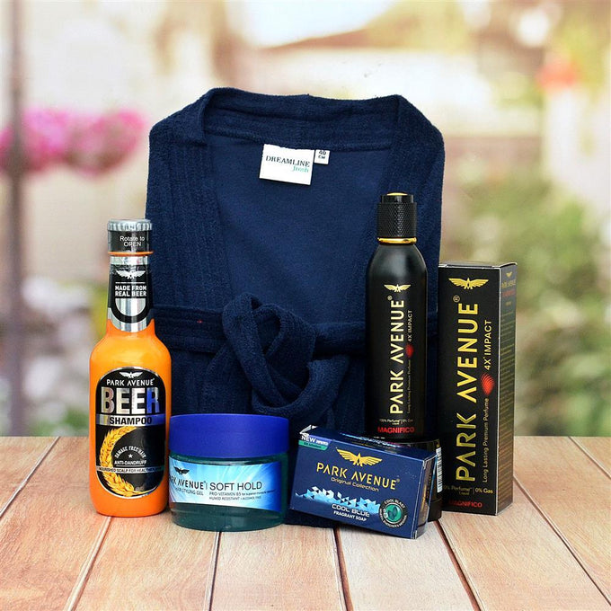 Blue Bath Robe with Park Avenue Grooming Essentials - Accessories Gift for Men