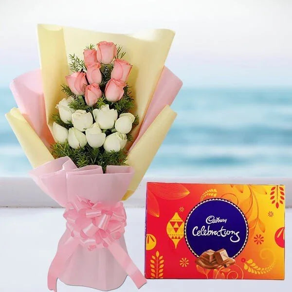 Pink White Roses with Cadbury Celebrations - Flower Delivery in GiftsGhaziabad