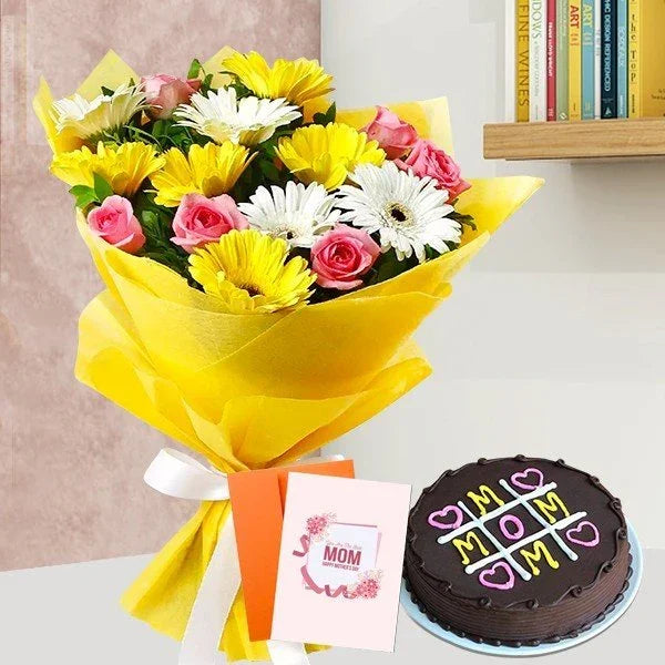 Gerbera & Pink Rose Bouquet with Cake Gift - Flower Delivery in GiftsGhaziabad