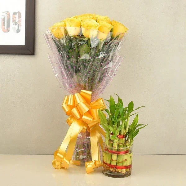 12 Yellow Roses with 2 Layer Lucky Bamboo