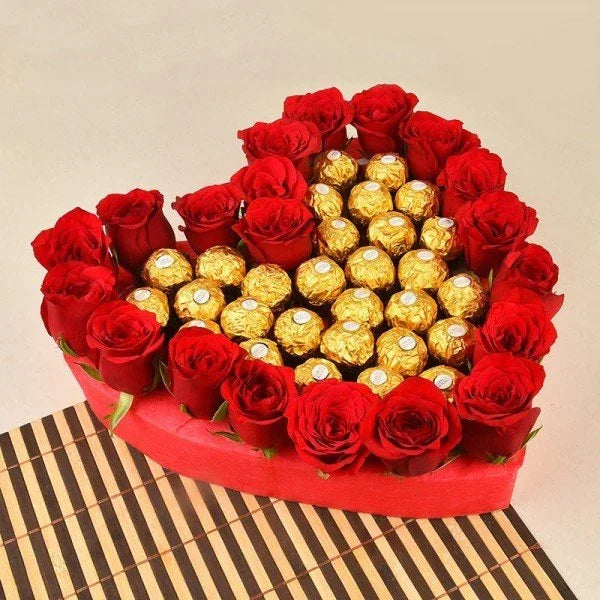Heart Shape Roses with 24 Ferrero Rocher Chocolates