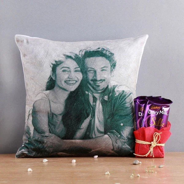 Personalised Sketch Art Cushion with 2 Dairy Milk Silk Chocolates