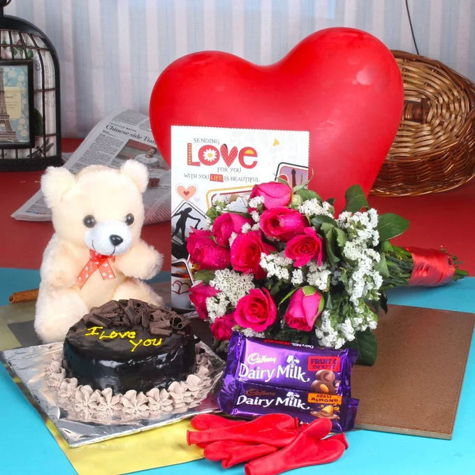 12 Pink Roses with Chocolate Cake, Teddy & Dairy Milk Gift Combo - Flower Delivery in GiftsGhaziabad