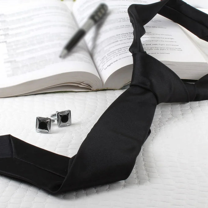 Black Formal Tie with Silver Black Circle Cufflinks Set - Accessories Gift for Men