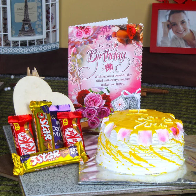 Pineapple Cake with Assorted Chocolates and Birthday Card - Cake Delivery in GiftsGhaziabad