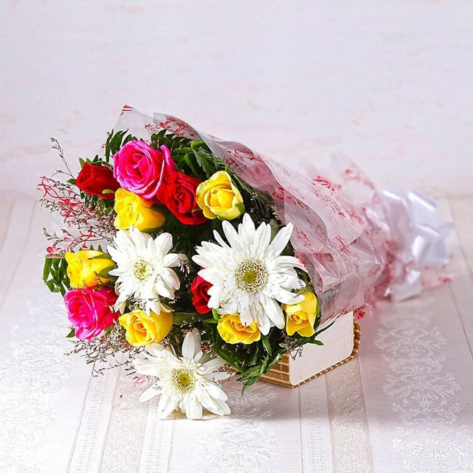 Mixed Roses and White Gerberas Bouquet with Green Fillers - Flower Delivery in GiftsGhaziabad