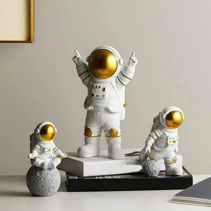 Golden Helmet Astronaut Figurine Set – Space Explorer Home Decor