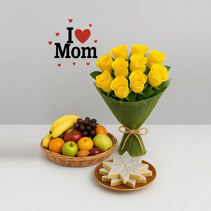 Yellow Roses Jute Bouquet with Fruits & Kaju Katli Combo - Flower Delivery in GiftsGhaziabad