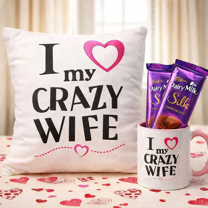 Crazy Wife Printed Cushion with Mug & 2 Cadbury Dairy Milk Chocolates