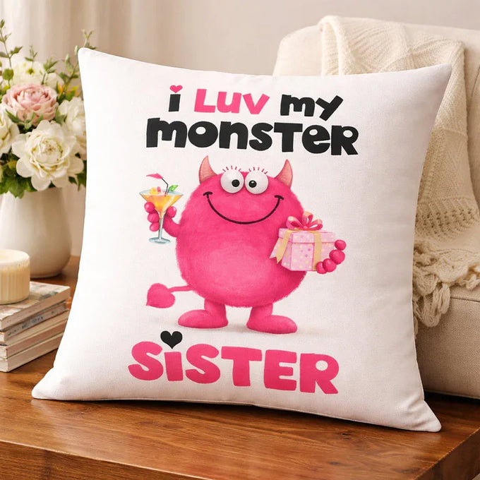I Luv My Monster Sister Printed Rakhi Cushion 12 x 12 Inches