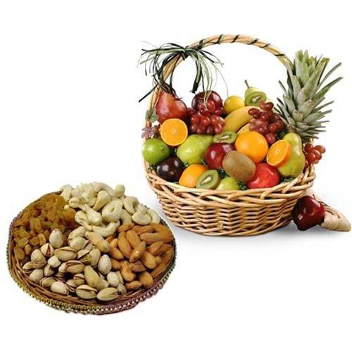 Mixed Dry Fruits 1 Kg Basket with Fresh Fruits 3 Kg Basket - Flower Delivery in GiftsGhaziabad