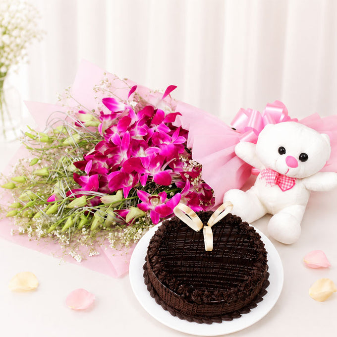 5 Orchid Bouquet with White Teddy and Half Kg Chocolate Cake - Flower Delivery in GiftsGhaziabad