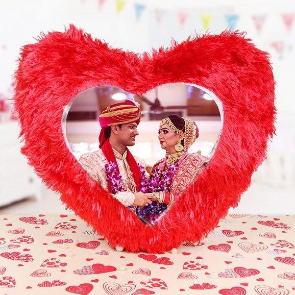 Personalised Red Heart Shape Fur Photo Cushion - Anniversary Gift in GiftsGhaziabad