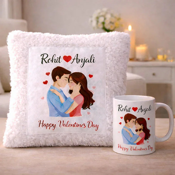Personalized Valentine’s Day Cushion & Mug Combo (white & red) - Personalized Gift in GiftsGhaziabad