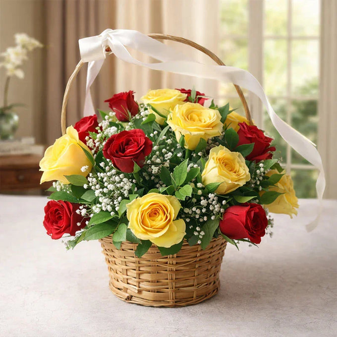 Red and Yellow Roses in a Basket - Flower Delivery in GiftsGhaziabad