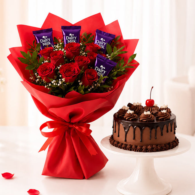 Red Roses Bouquet with Dairy Milk Chocolates & Half Kg Truffle Cake - Birthday Gift in Kalyani