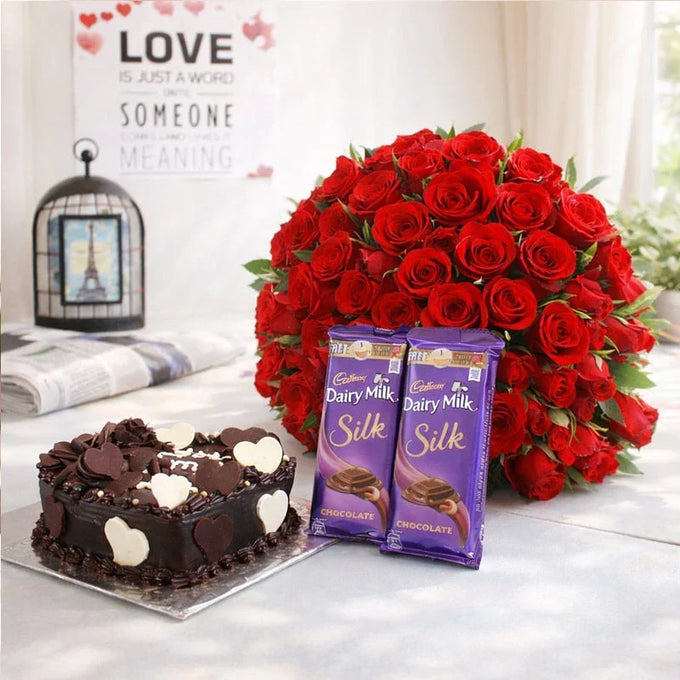 100 Red Roses Bouquet with 1 Kg Heart Chocolate Cake & Dairy Milk Silk - Flower Delivery in GiftsGhaziabad