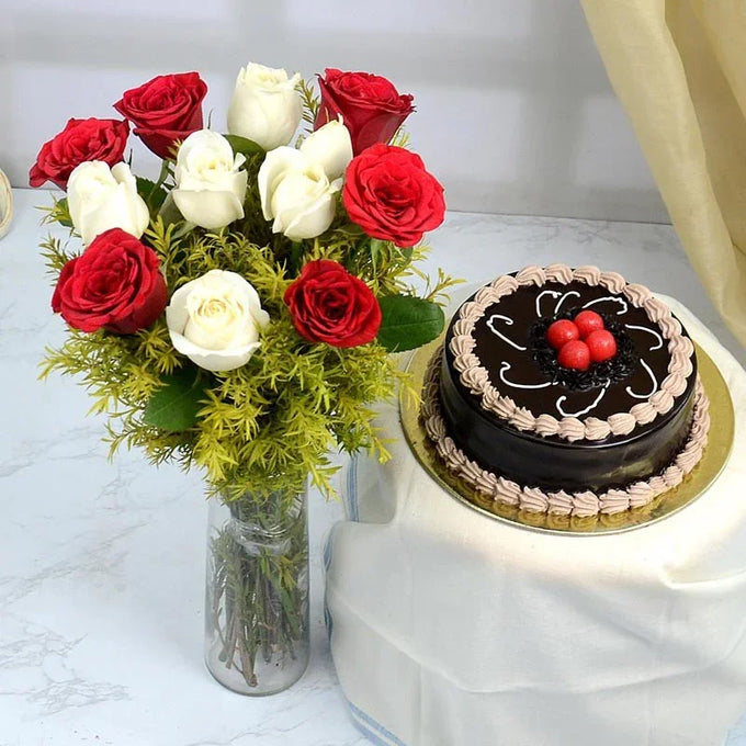 Rose Vase & Chocolate Cake - Flower Delivery in Kalyani