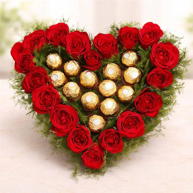 20 Red Roses Heart Arrangement with 16 Ferrero Rocher - Flower Delivery in GiftsGhaziabad