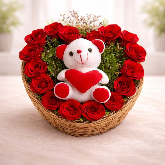 Heart Shape Arrangement of 17 Red Roses with 6 Inch Teddy Bear - Flower Delivery in Kalyani