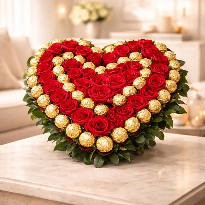 Roses with Ferrero Rocher Heart Arrangement