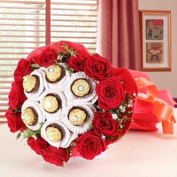 12 Red Roses Bouquet with 7 Ferrero Rocher Chocolates