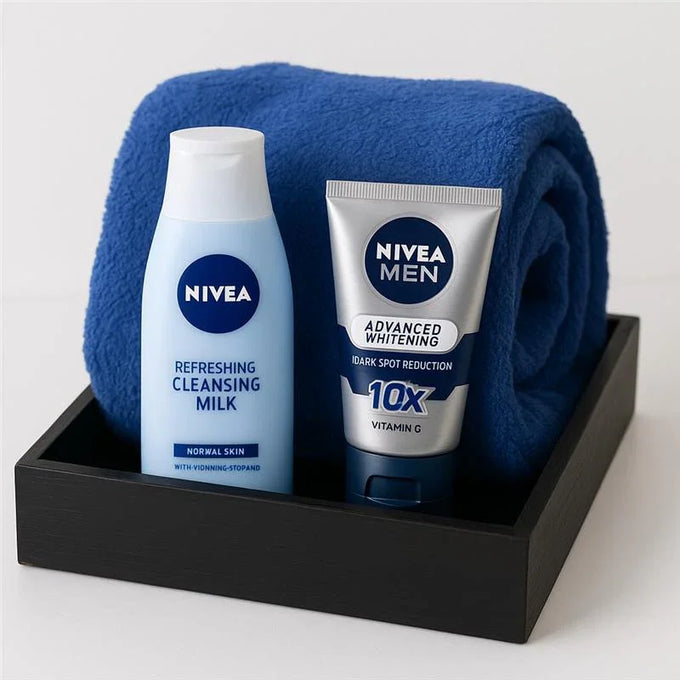 Nivea Men Face Care Hamper with Blue Towel & Wooden Tray - Cosmetics for Men Gift for Men