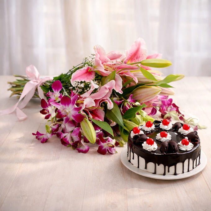 Pink Lily Orchid Cake Combo with Black Forest - Flower Delivery in GiftsGhaziabad