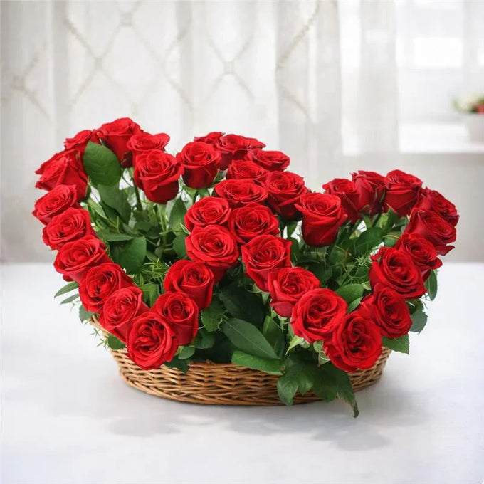 37 Red Roses Twin Heart Cane Basket Arrangement - Flower Delivery in GiftsGhaziabad