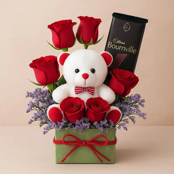 Red Roses Glass Vase Arrangement with Teddy & Bournville Chocolate - Flower Delivery in GiftsGhaziabad