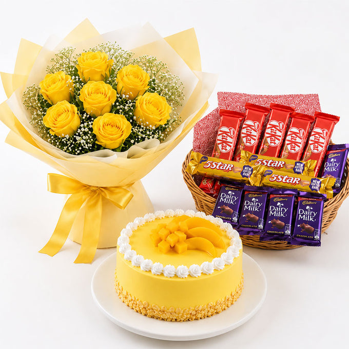 Mango Cake with Yellow Roses and Assorted Chocolates - Anniversary Gift in Dehradun
