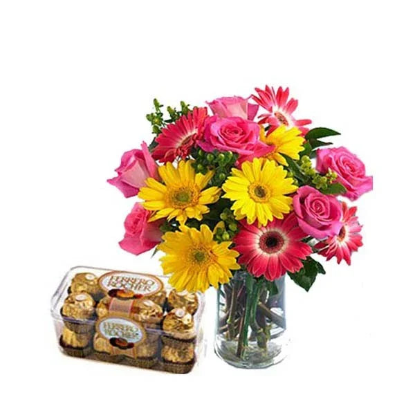 Mixed Gerberas Glass Vase with 16 Ferrero Rocher Chocolates