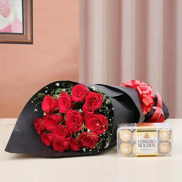 12 Red Roses Bouquet with Ferrero Rocher 16 Pieces - Flower Delivery in Delhi
