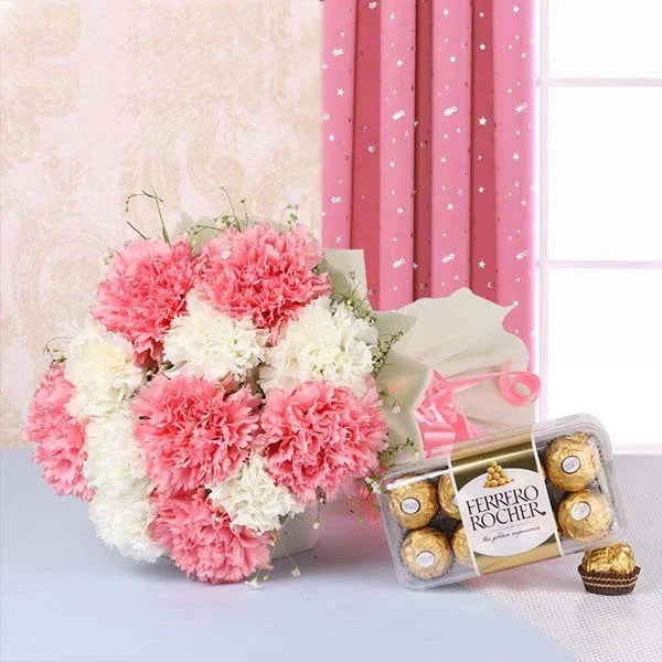 Carnation Bouquet with 16 Ferrero Rocher Chocolates - Flower Delivery in GiftsGhaziabad